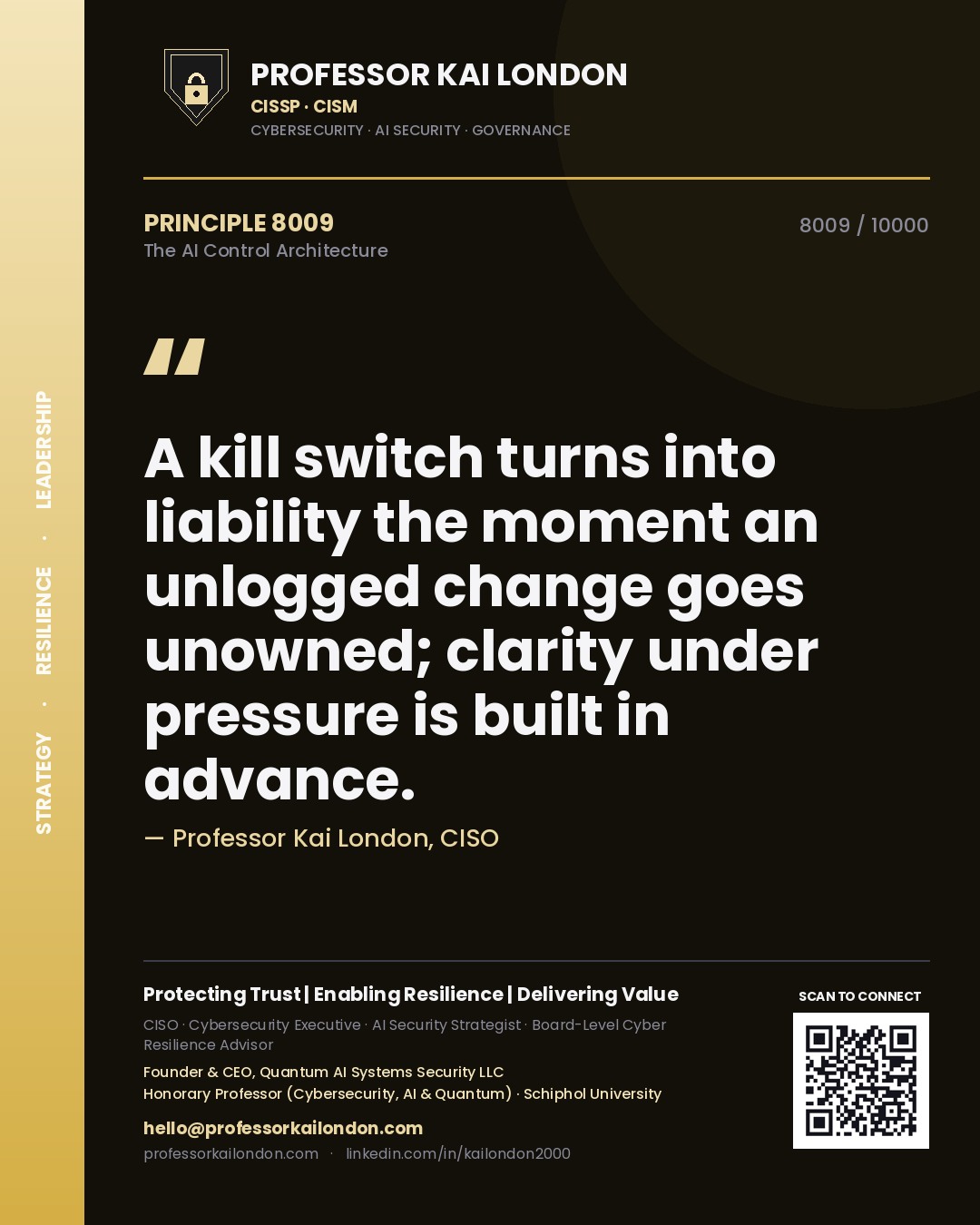 Professor Kai London principle 8009: A kill switch turns into liability the moment an unlogged change goes unowned; clarity under pressure is built in advance.