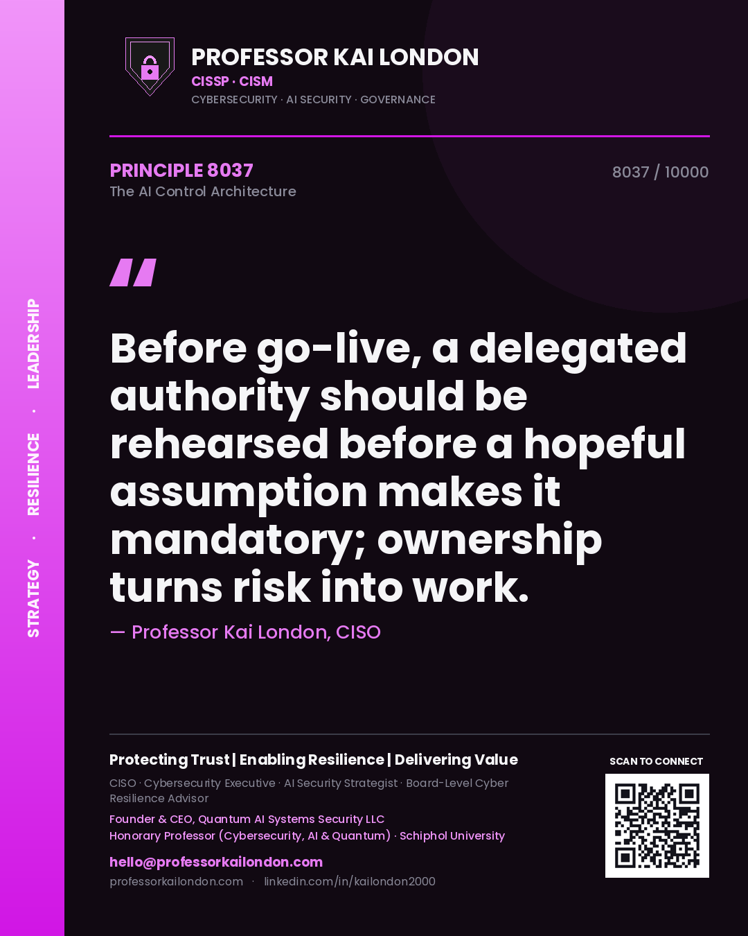 Professor Kai London principle 8037: Before go-live, a delegated authority should be rehearsed before a hopeful assumption makes it mandatory; ownership turns risk into work.