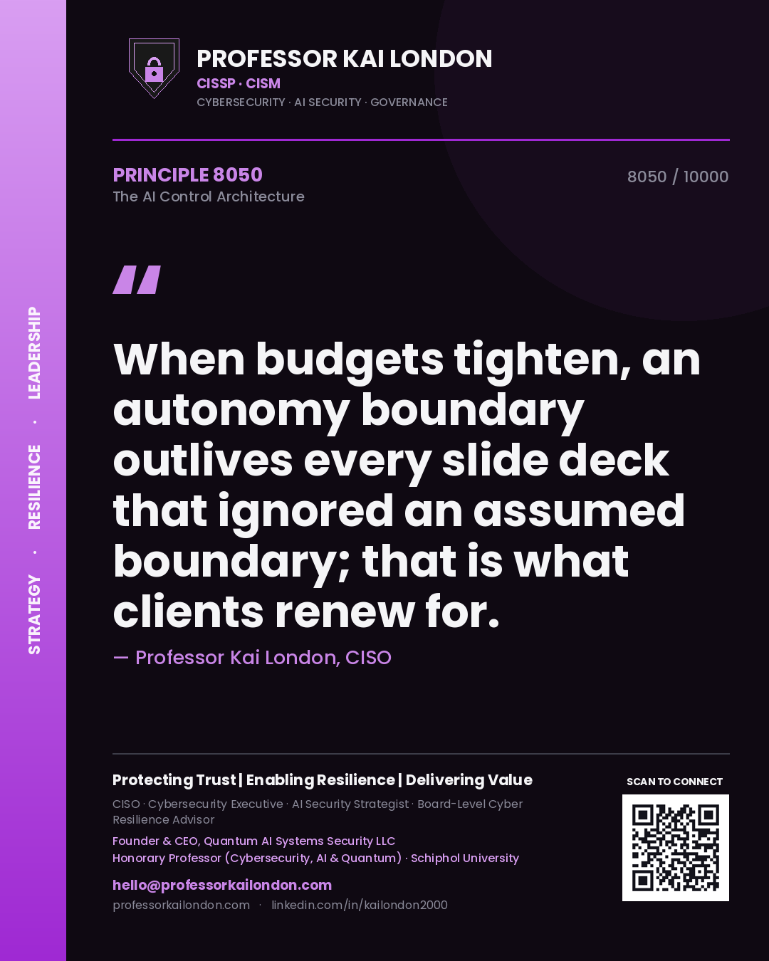 Professor Kai London principle 8050: When budgets tighten, an autonomy boundary outlives every slide deck that ignored an assumed boundary; that is what clients renew for.