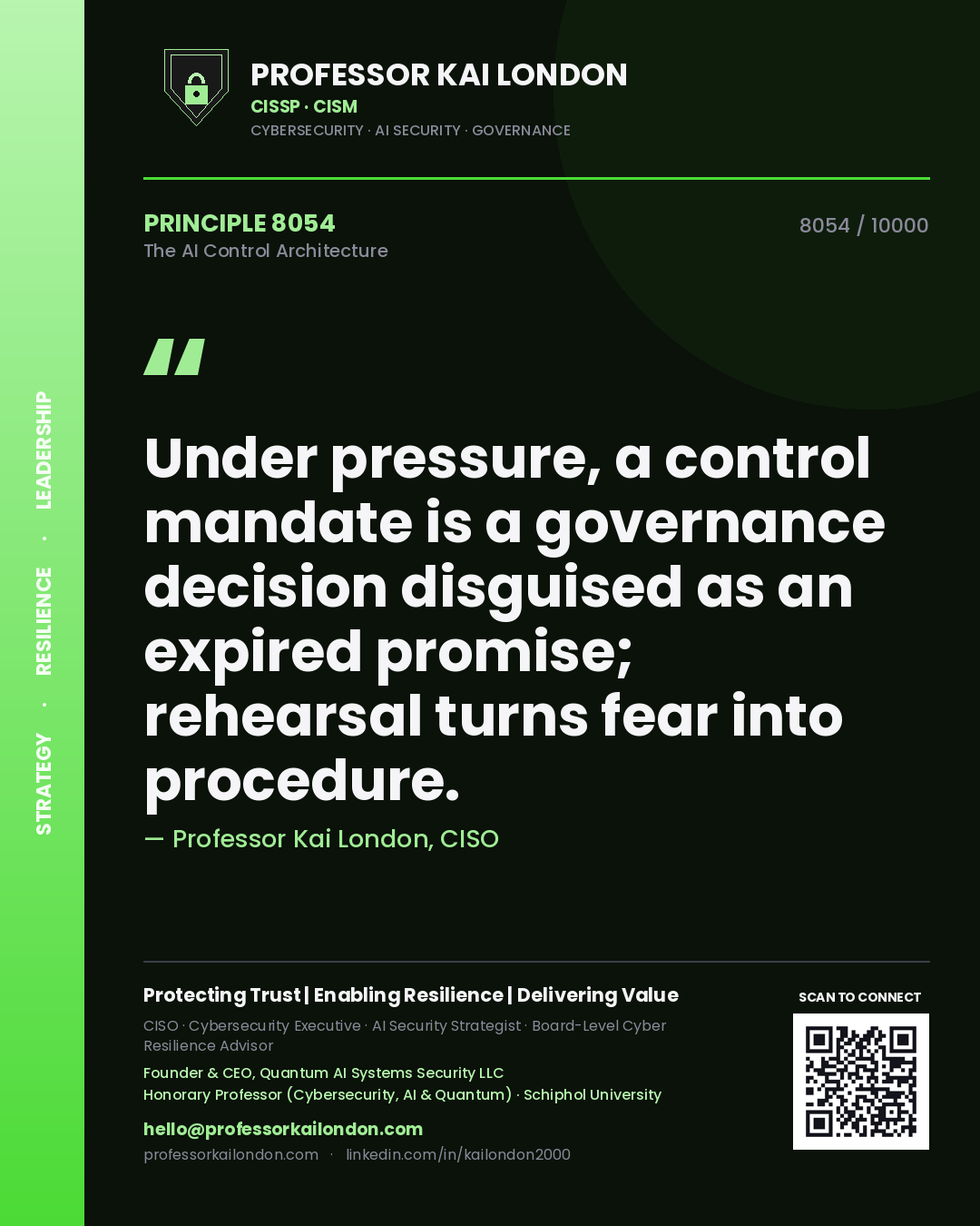 Professor Kai London principle 8054: Under pressure, a control mandate is a governance decision disguised as an expired promise; rehearsal turns fear into procedure.