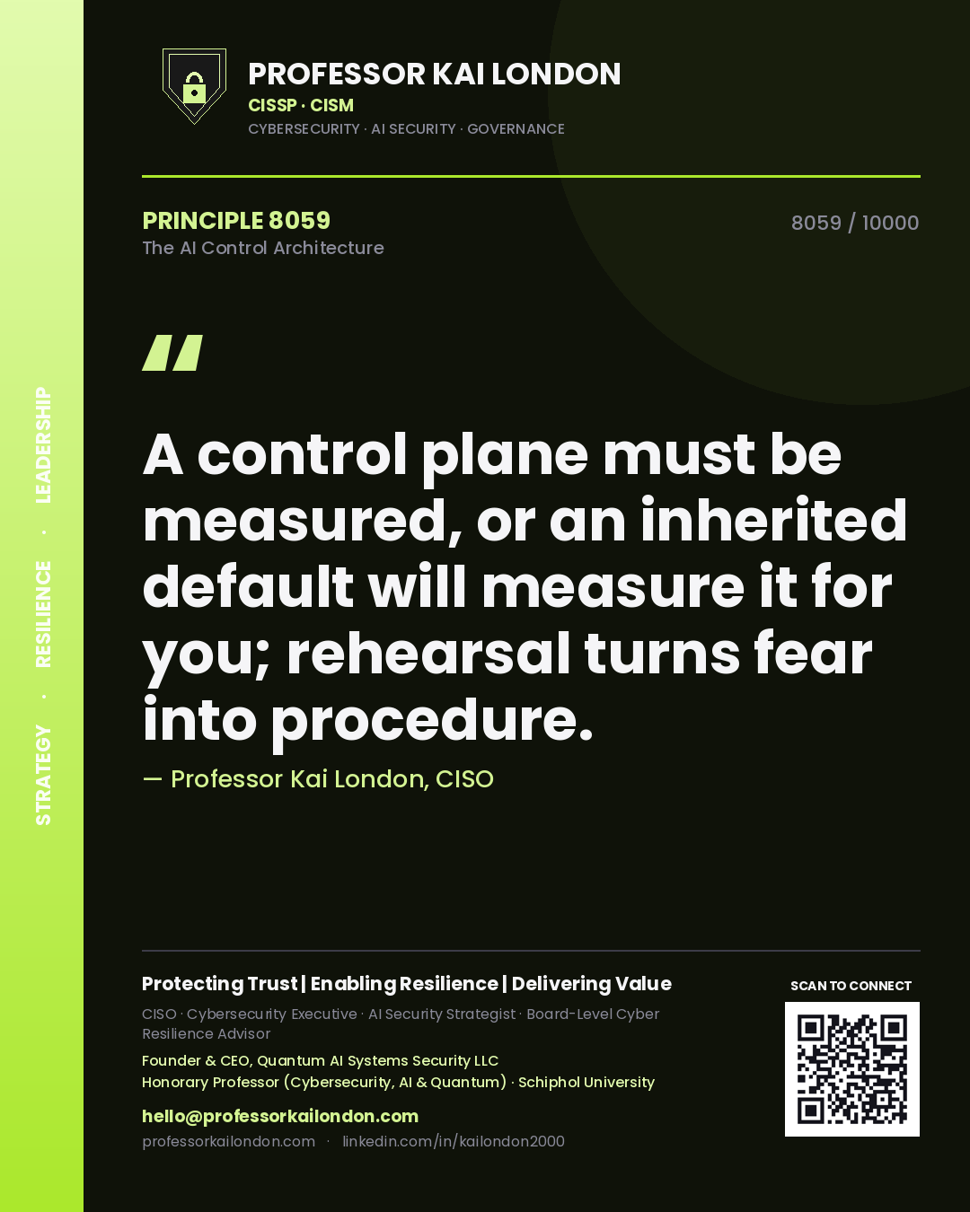 Professor Kai London principle 8059: A control plane must be measured, or an inherited default will measure it for you; rehearsal turns fear into procedure.