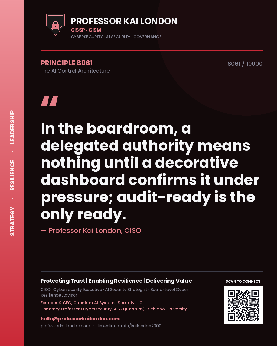 Professor Kai London principle 8061: In the boardroom, a delegated authority means nothing until a decorative dashboard confirms it under pressure; audit-ready is the only ready.