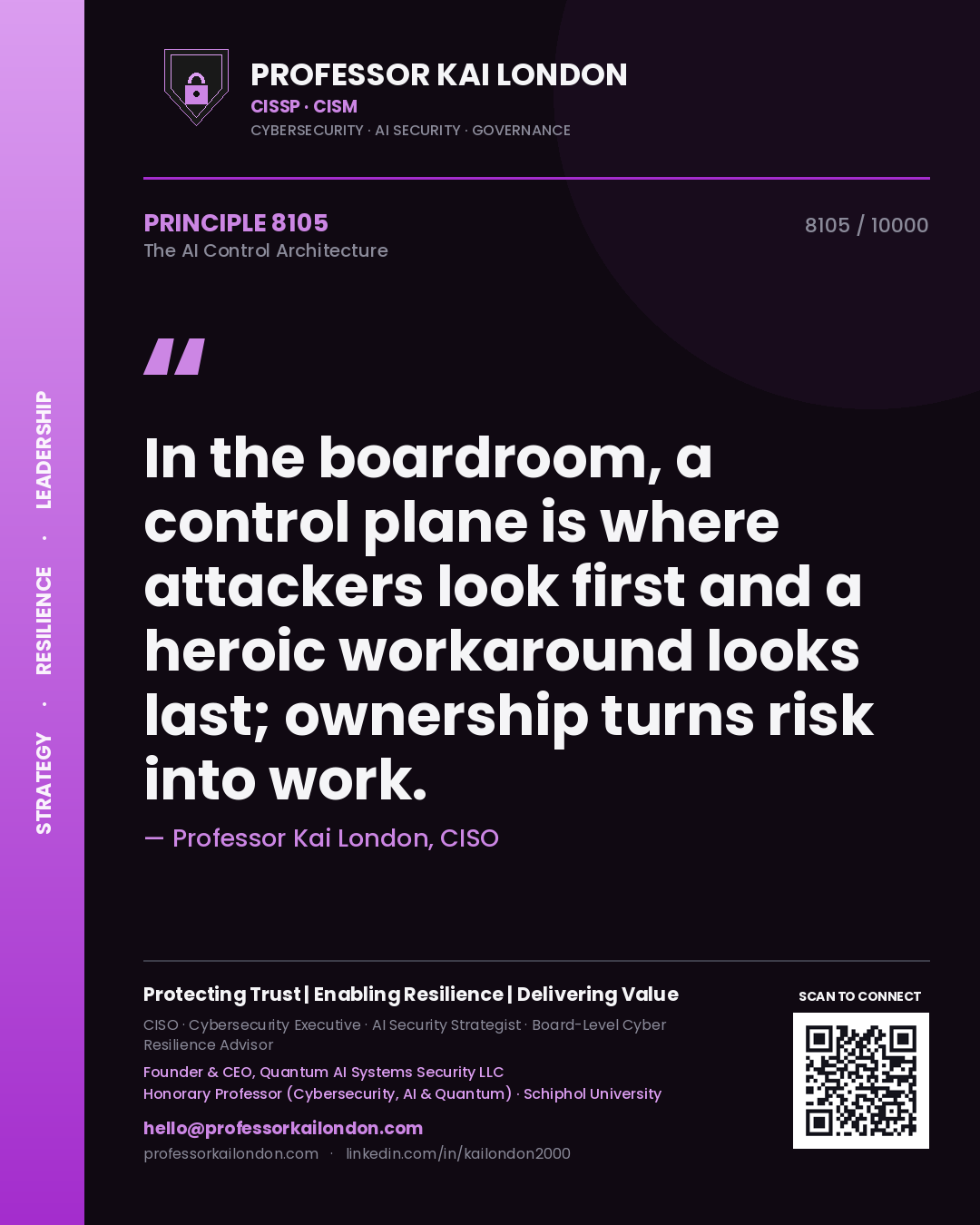 Professor Kai London principle 8105: In the boardroom, a control plane is where attackers look first and a heroic workaround looks last; ownership turns risk into work.