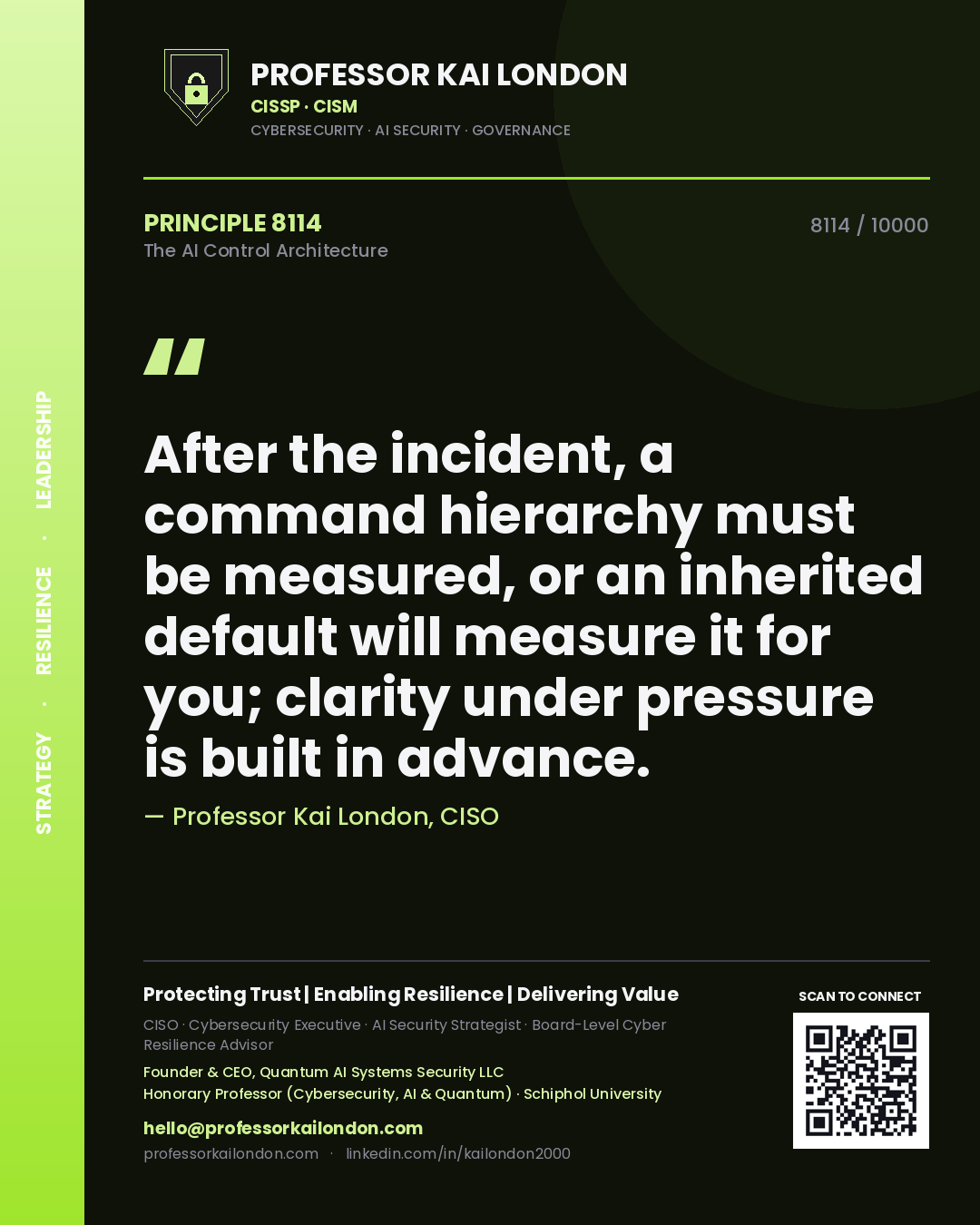 Professor Kai London principle 8114: After the incident, a command hierarchy must be measured, or an inherited default will measure it for you; clarity under pressure is built in advance.