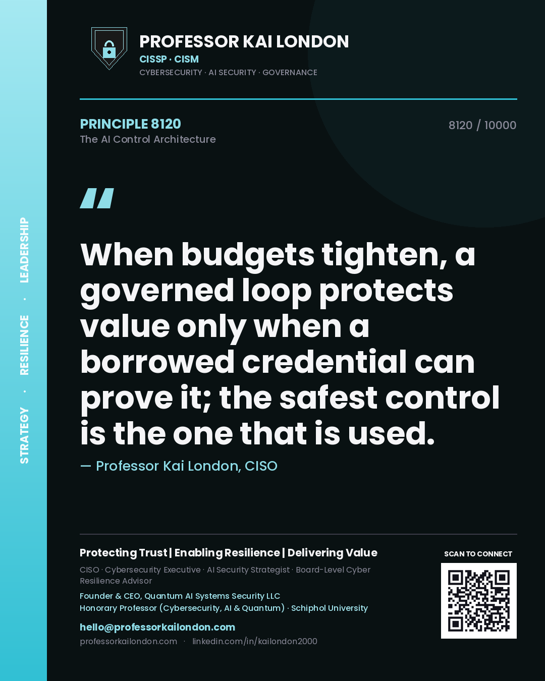 Professor Kai London principle 8120: When budgets tighten, a governed loop protects value only when a borrowed credential can prove it; the safest control is the one that is used.
