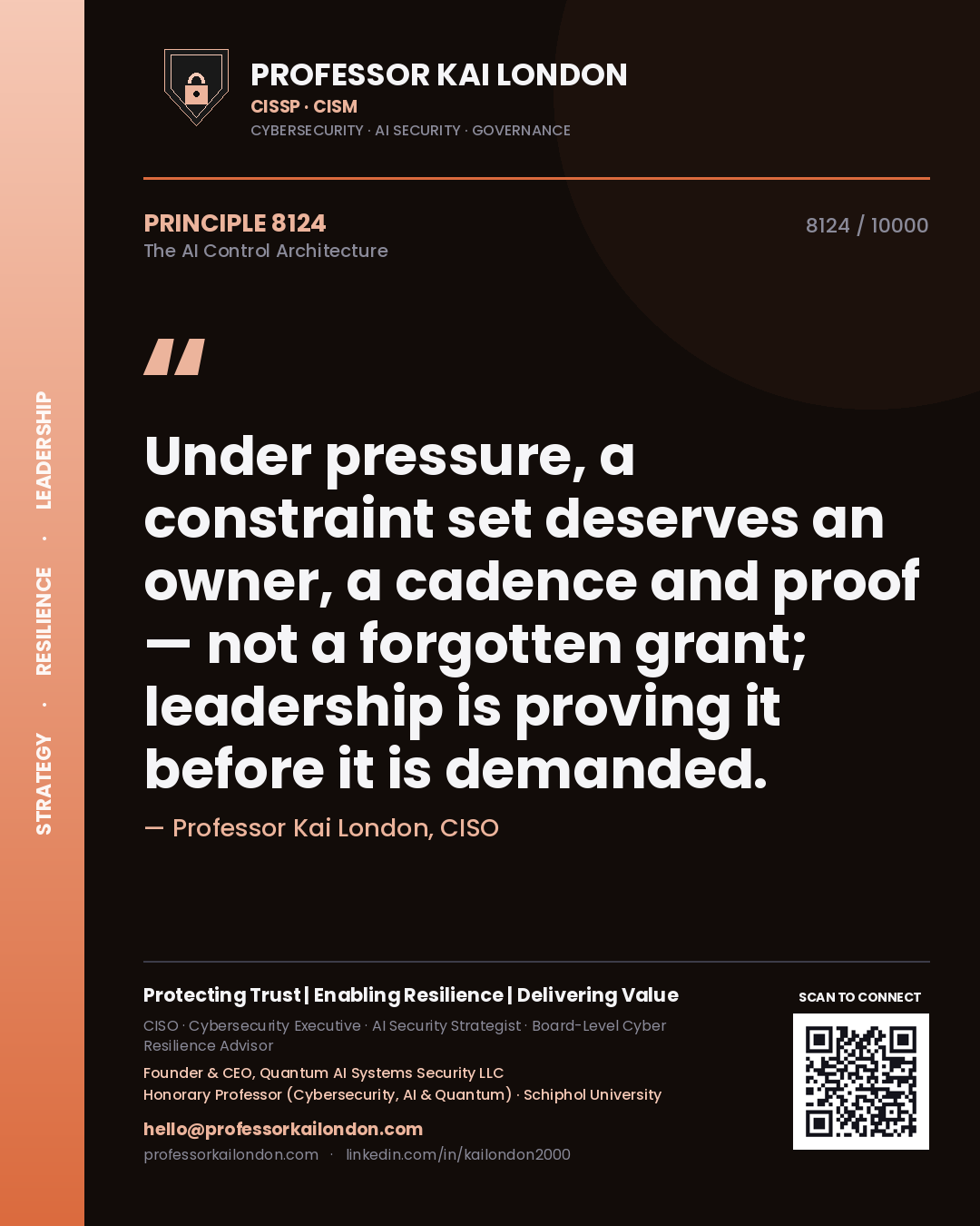 Professor Kai London principle 8124: Under pressure, a constraint set deserves an owner, a cadence and proof — not a forgotten grant; leadership is proving it before it is demanded.
