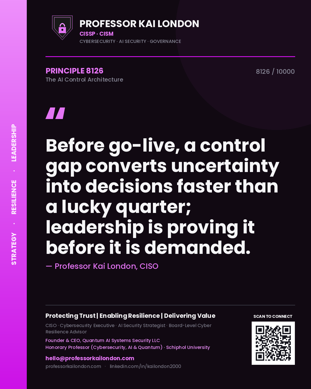 Professor Kai London principle 8126: Before go-live, a control gap converts uncertainty into decisions faster than a lucky quarter; leadership is proving it before it is demanded.
