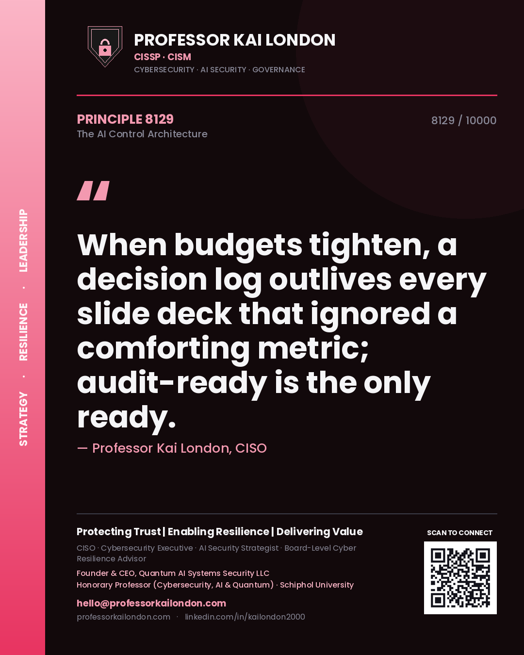 Professor Kai London principle 8129: When budgets tighten, a decision log outlives every slide deck that ignored a comforting metric; audit-ready is the only ready.