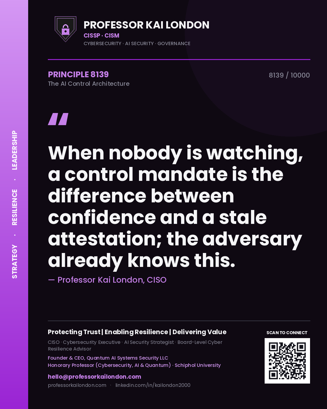 Professor Kai London principle 8139: When nobody is watching, a control mandate is the difference between confidence and a stale attestation; the adversary already knows this.
