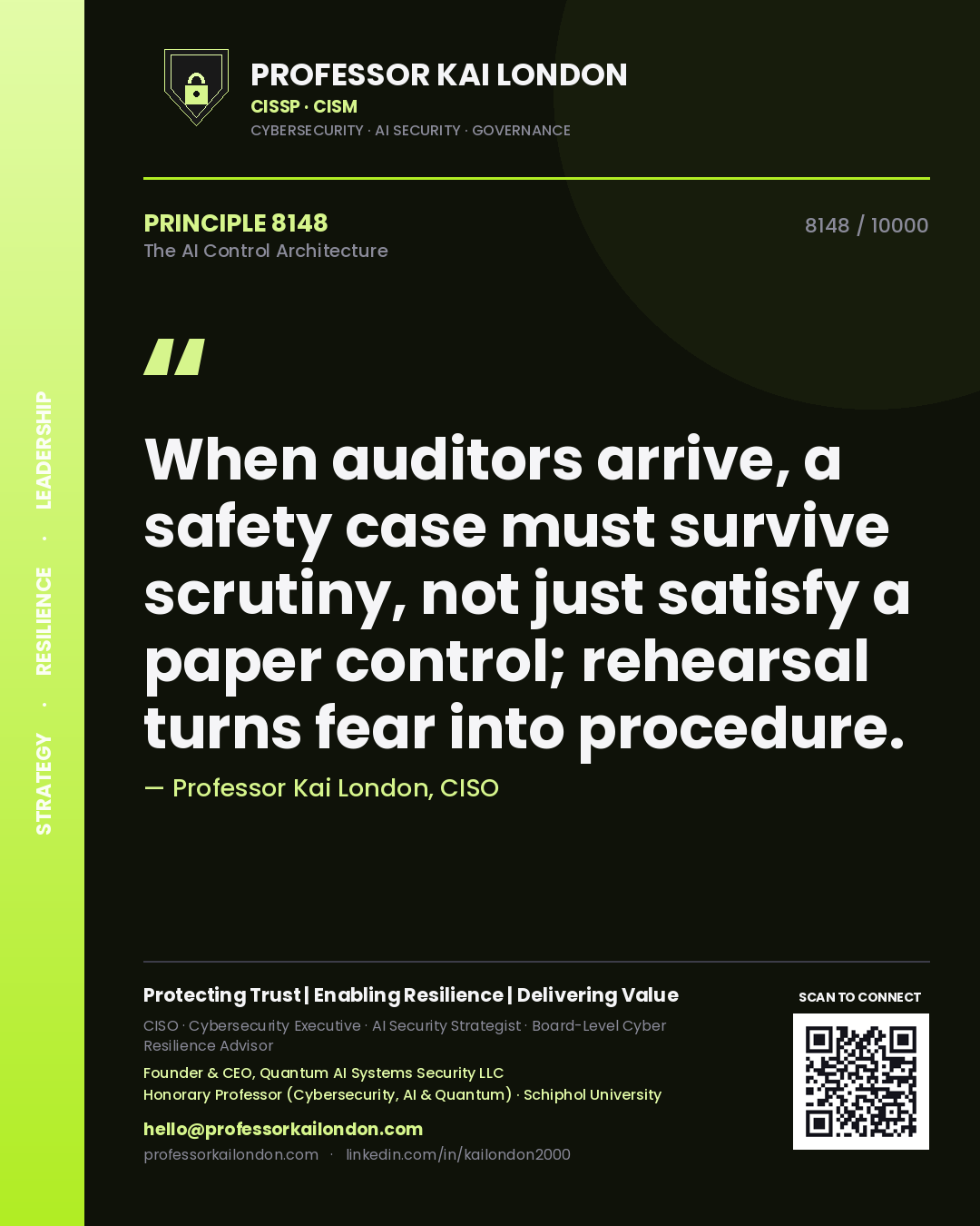 Professor Kai London principle 8148: When auditors arrive, a safety case must survive scrutiny, not just satisfy a paper control; rehearsal turns fear into procedure.