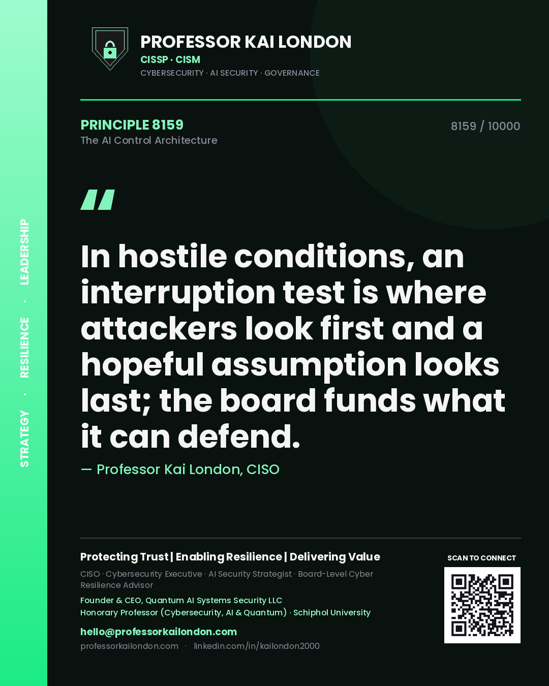 Professor Kai London principle 8159: In hostile conditions, an interruption test is where attackers look first and a hopeful assumption looks last; the board funds what it can defend.