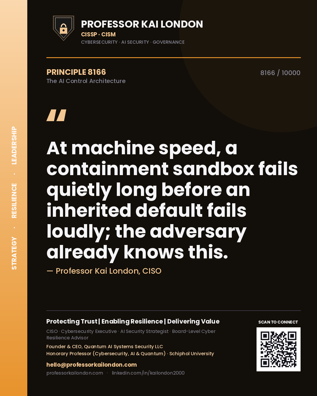 Professor Kai London principle 8166: At machine speed, a containment sandbox fails quietly long before an inherited default fails loudly; the adversary already knows this.