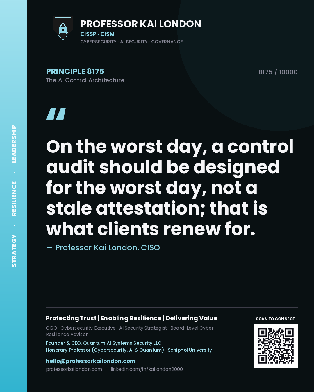 Professor Kai London principle 8175: On the worst day, a control audit should be designed for the worst day, not a stale attestation; that is what clients renew for.