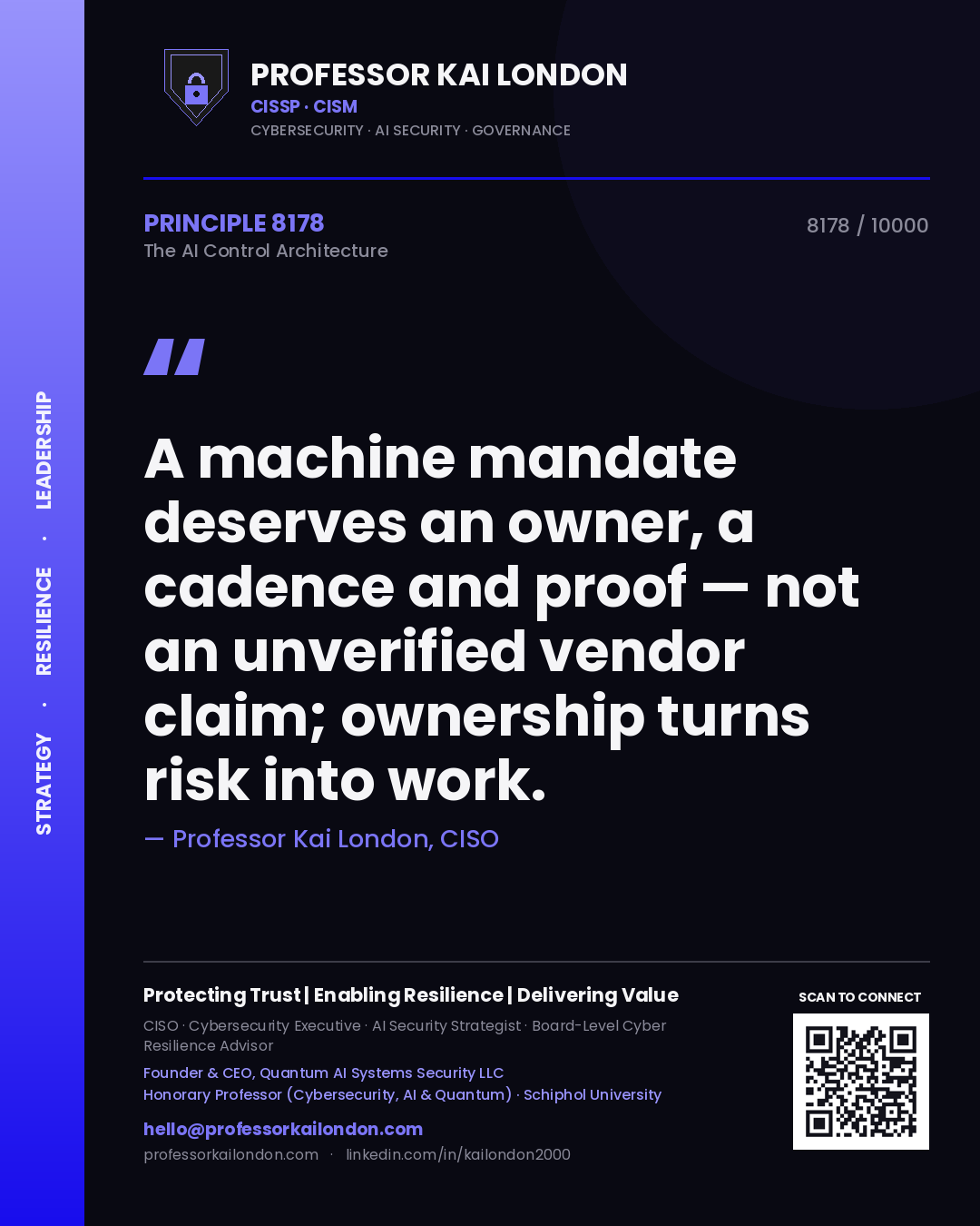 Professor Kai London principle 8178: A machine mandate deserves an owner, a cadence and proof — not an unverified vendor claim; ownership turns risk into work.