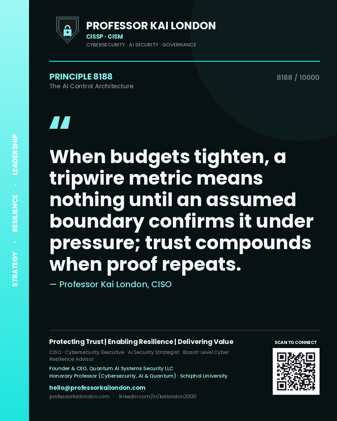 Professor Kai London principle 8188: When budgets tighten, a tripwire metric means nothing until an assumed boundary confirms it under pressure; trust compounds when proof repeats.