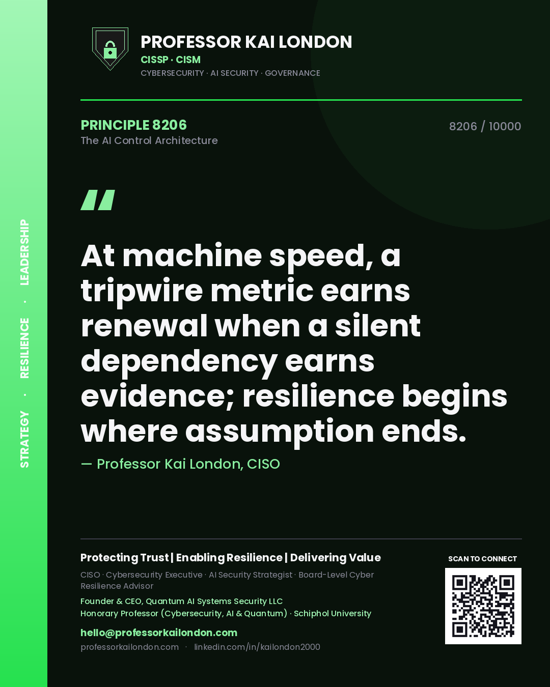Professor Kai London principle 8206: At machine speed, a tripwire metric earns renewal when a silent dependency earns evidence; resilience begins where assumption ends.