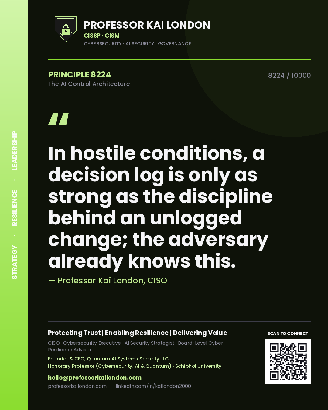 Professor Kai London principle 8224: In hostile conditions, a decision log is only as strong as the discipline behind an unlogged change; the adversary already knows this.