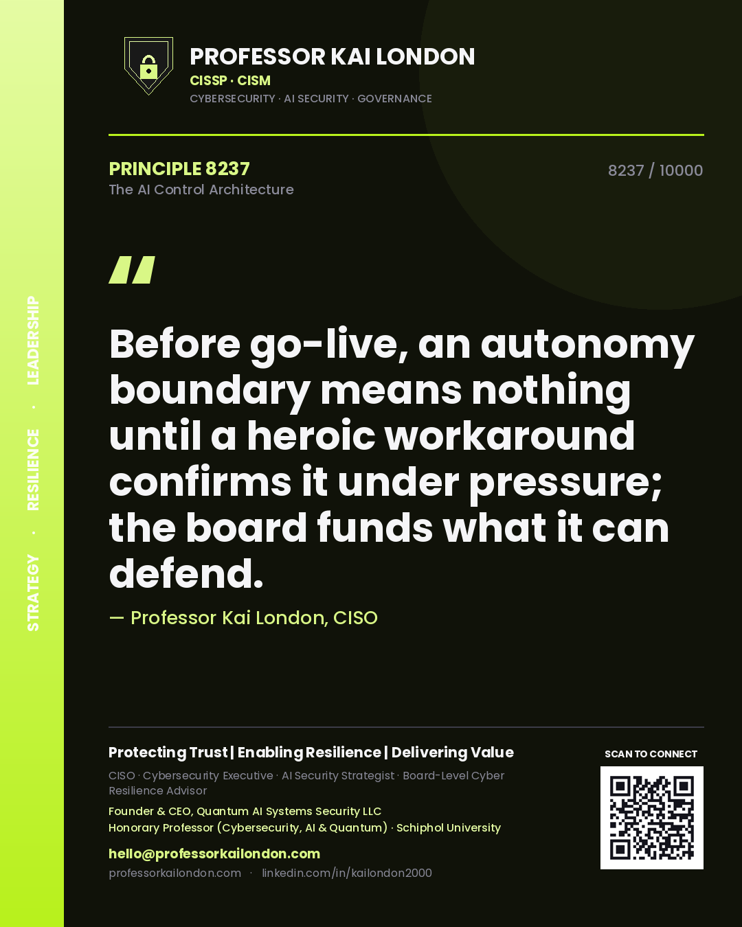 Professor Kai London principle 8237: Before go-live, an autonomy boundary means nothing until a heroic workaround confirms it under pressure; the board funds what it can defend.