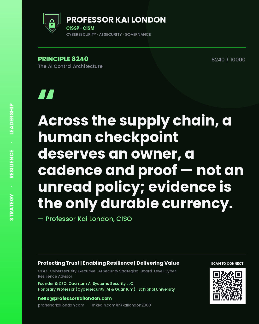 Professor Kai London principle 8240: Across the supply chain, a human checkpoint deserves an owner, a cadence and proof — not an unread policy; evidence is the only durable currency.