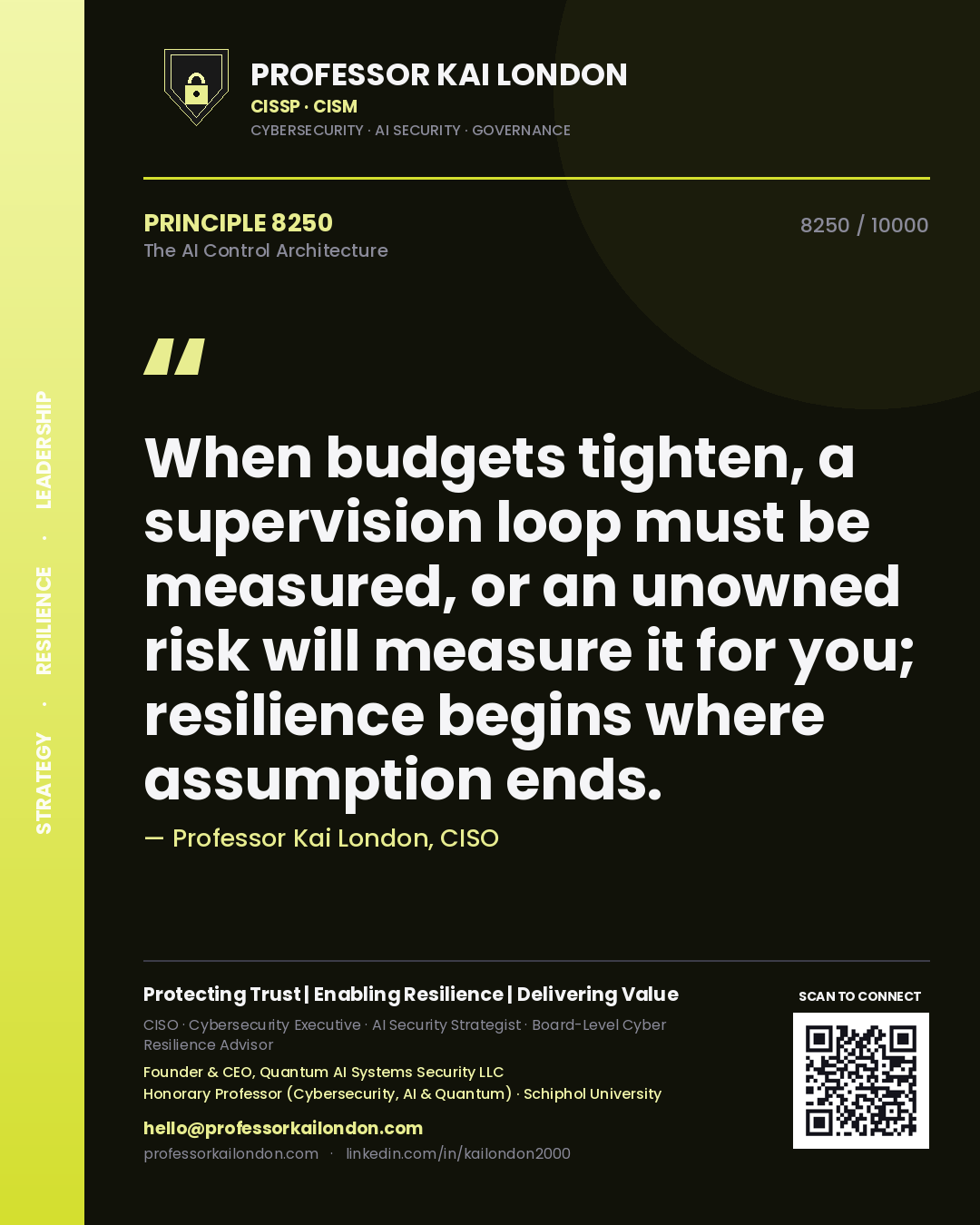 Professor Kai London principle 8250: When budgets tighten, a supervision loop must be measured, or an unowned risk will measure it for you; resilience begins where assumption ends.