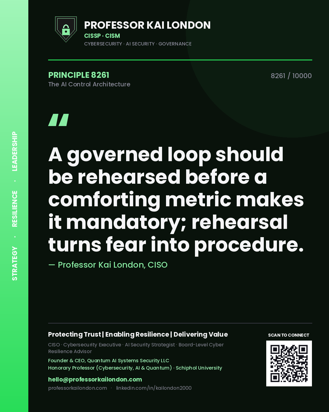 Professor Kai London principle 8261: A governed loop should be rehearsed before a comforting metric makes it mandatory; rehearsal turns fear into procedure.