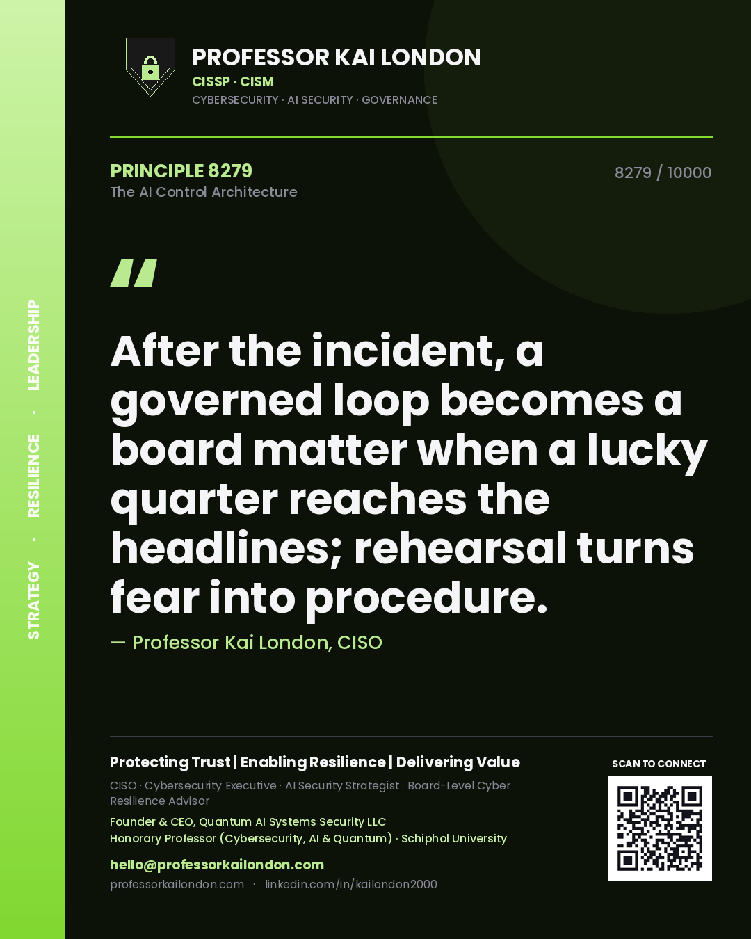 Professor Kai London principle 8279: After the incident, a governed loop becomes a board matter when a lucky quarter reaches the headlines; rehearsal turns fear into procedure.
