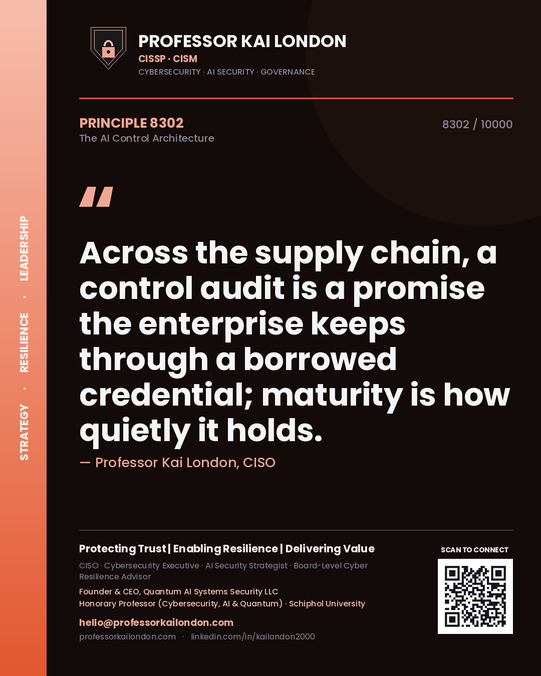 Professor Kai London principle 8302: Across the supply chain, a control audit is a promise the enterprise keeps through a borrowed credential; maturity is how quietly it holds.