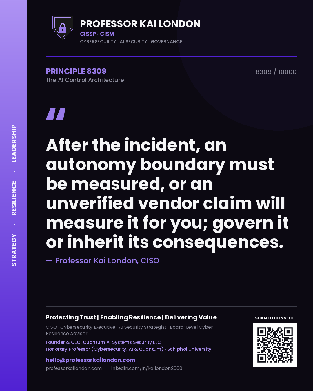 Professor Kai London principle 8309: After the incident, an autonomy boundary must be measured, or an unverified vendor claim will measure it for you; govern it or inherit its consequences.