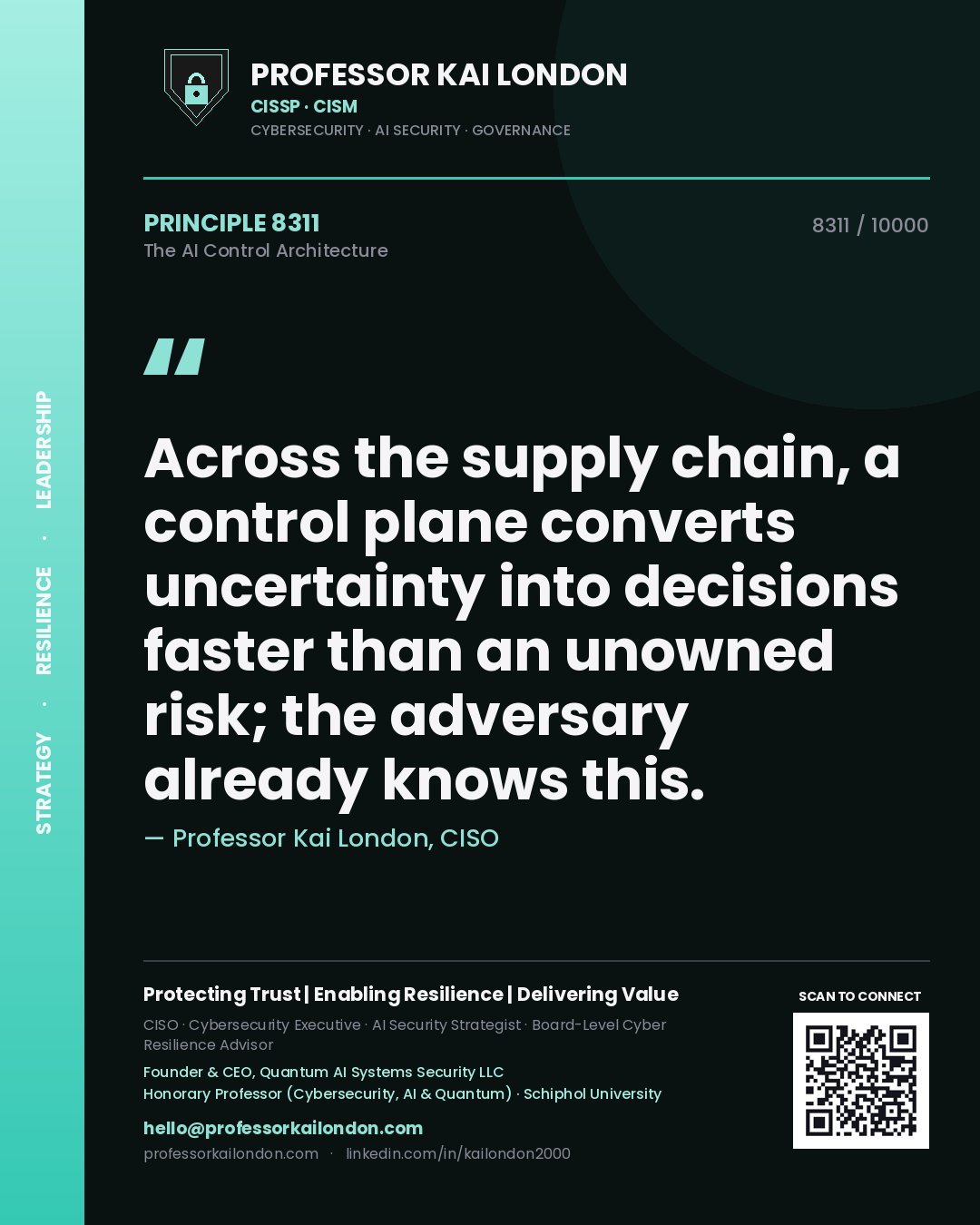 Professor Kai London principle 8311: Across the supply chain, a control plane converts uncertainty into decisions faster than an unowned risk; the adversary already knows this.