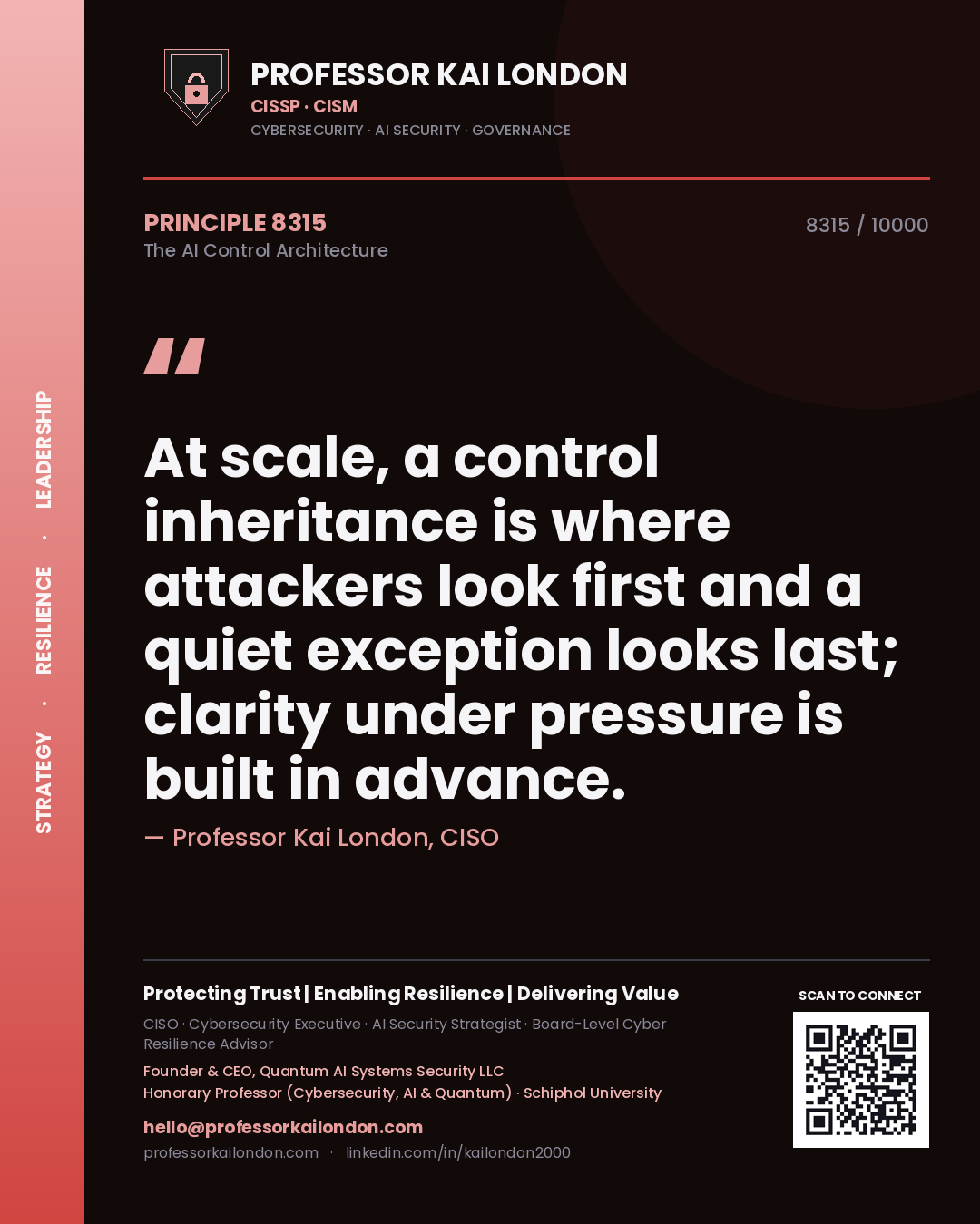 Professor Kai London principle 8315: At scale, a control inheritance is where attackers look first and a quiet exception looks last; clarity under pressure is built in advance.