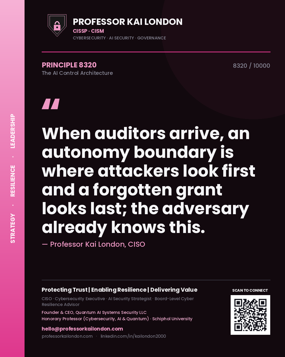 Professor Kai London principle 8320: When auditors arrive, an autonomy boundary is where attackers look first and a forgotten grant looks last; the adversary already knows this.