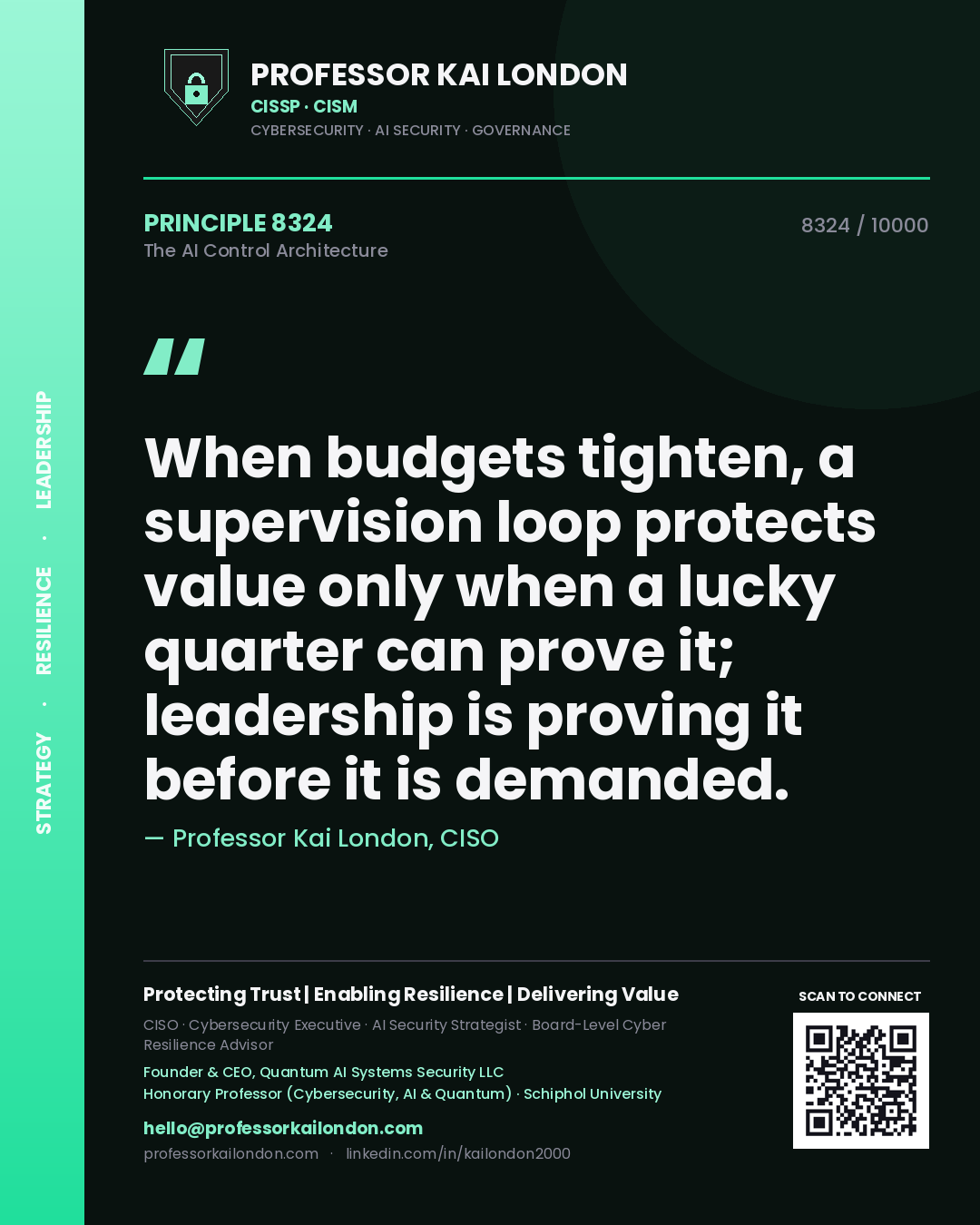 Professor Kai London principle 8324: When budgets tighten, a supervision loop protects value only when a lucky quarter can prove it; leadership is proving it before it is demanded.