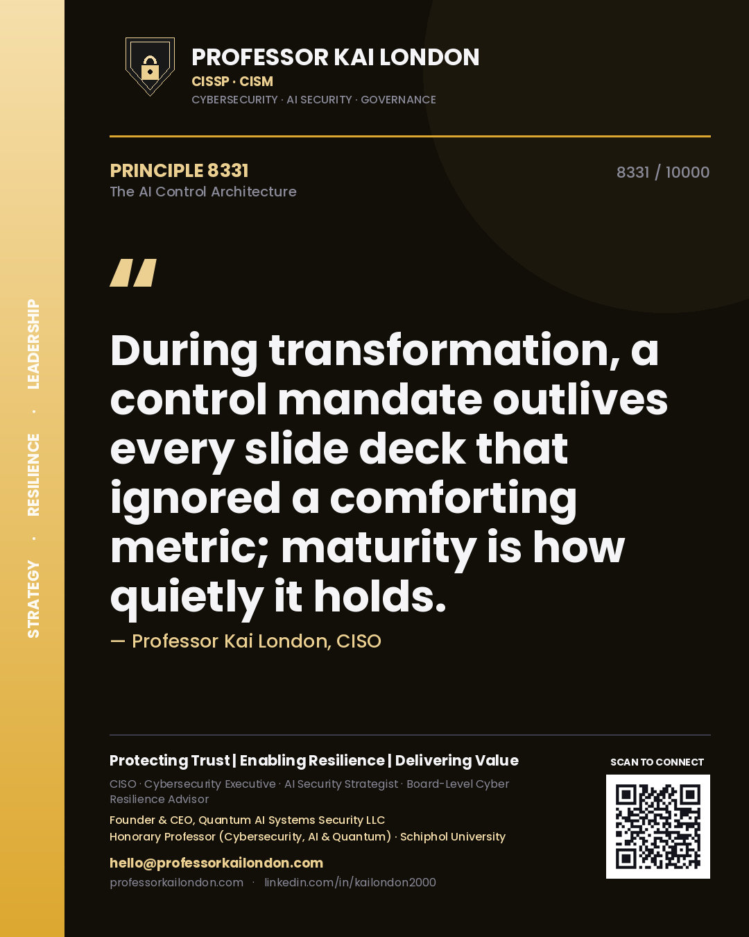 Professor Kai London principle 8331: During transformation, a control mandate outlives every slide deck that ignored a comforting metric; maturity is how quietly it holds.