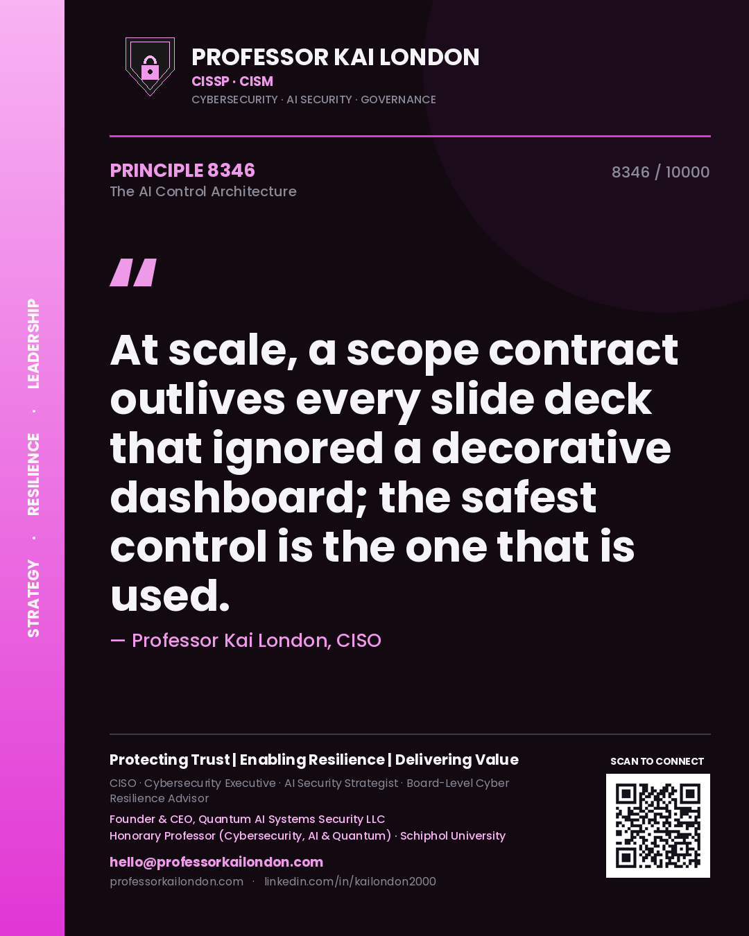 Professor Kai London principle 8346: At scale, a scope contract outlives every slide deck that ignored a decorative dashboard; the safest control is the one that is used.