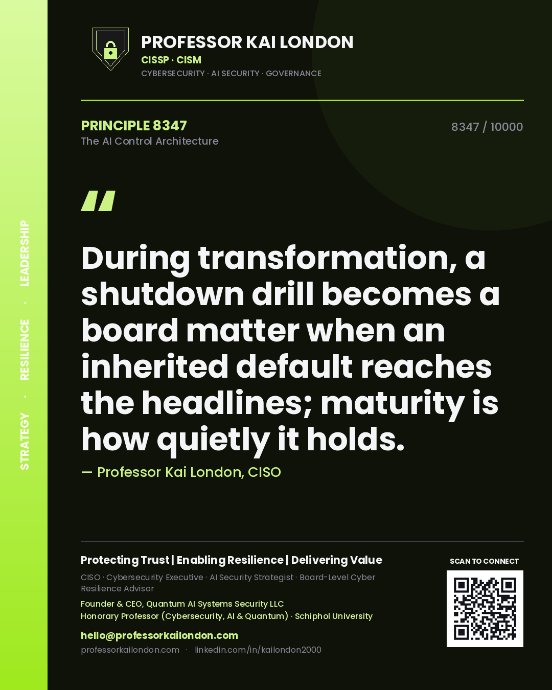Professor Kai London principle 8347: During transformation, a shutdown drill becomes a board matter when an inherited default reaches the headlines; maturity is how quietly it holds.