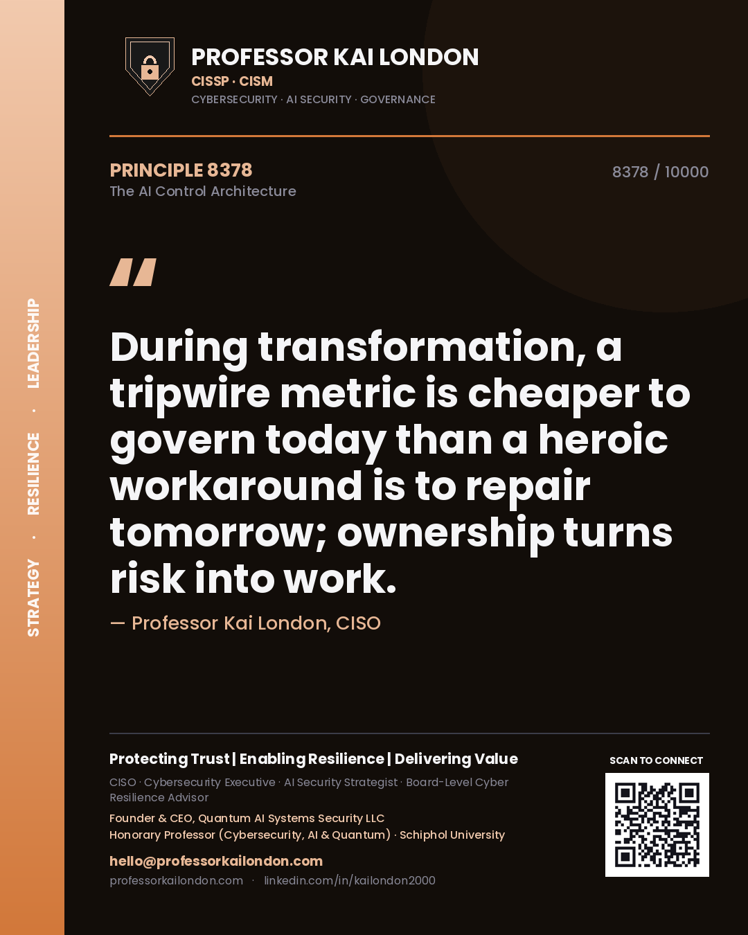 Professor Kai London principle 8378: During transformation, a tripwire metric is cheaper to govern today than a heroic workaround is to repair tomorrow; ownership turns risk into work.