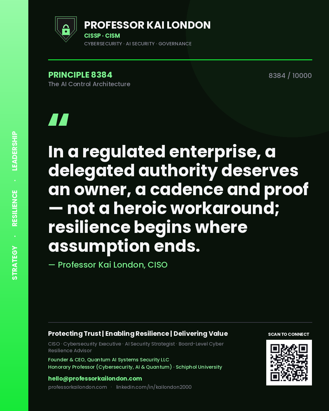Professor Kai London principle 8384: In a regulated enterprise, a delegated authority deserves an owner, a cadence and proof — not a heroic workaround; resilience begins where assumption ends.