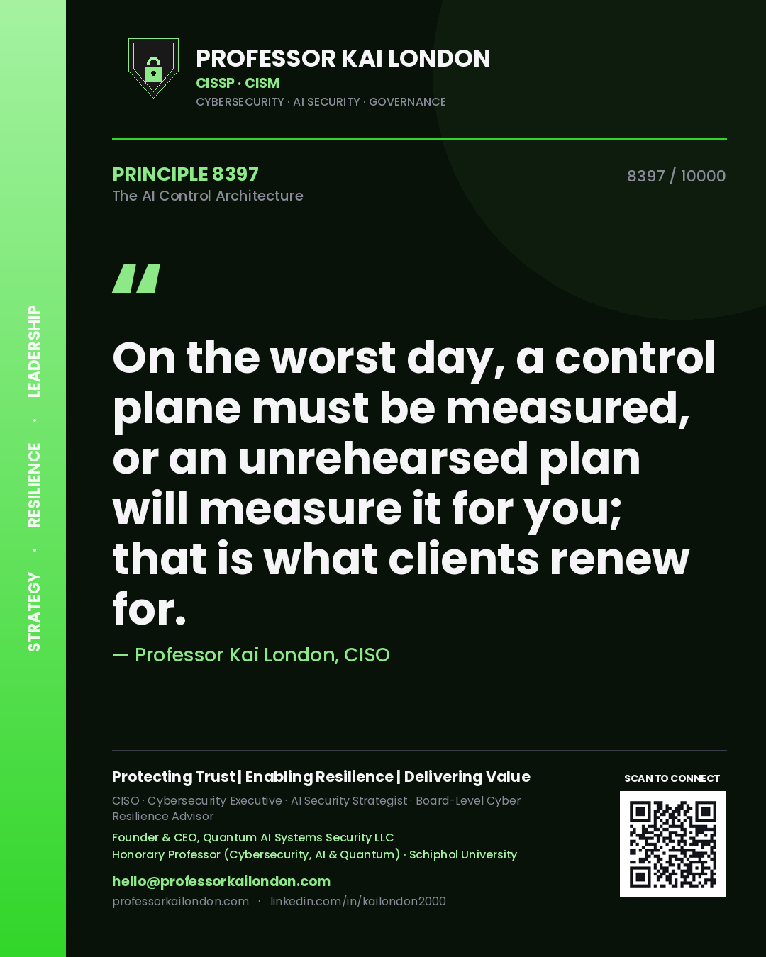 Professor Kai London principle 8397: On the worst day, a control plane must be measured, or an unrehearsed plan will measure it for you; that is what clients renew for.