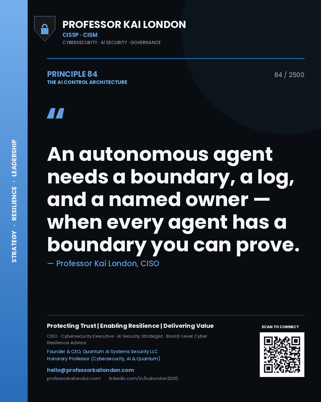 Professor Kai London principle 84: An autonomous agent needs a boundary, a log, and a named owner — when every agent has a boundary you can prove.