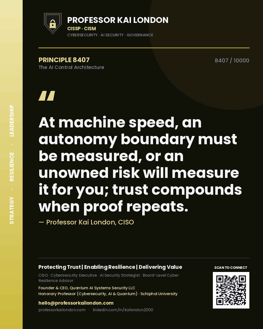 Professor Kai London principle 8407: At machine speed, an autonomy boundary must be measured, or an unowned risk will measure it for you; trust compounds when proof repeats.