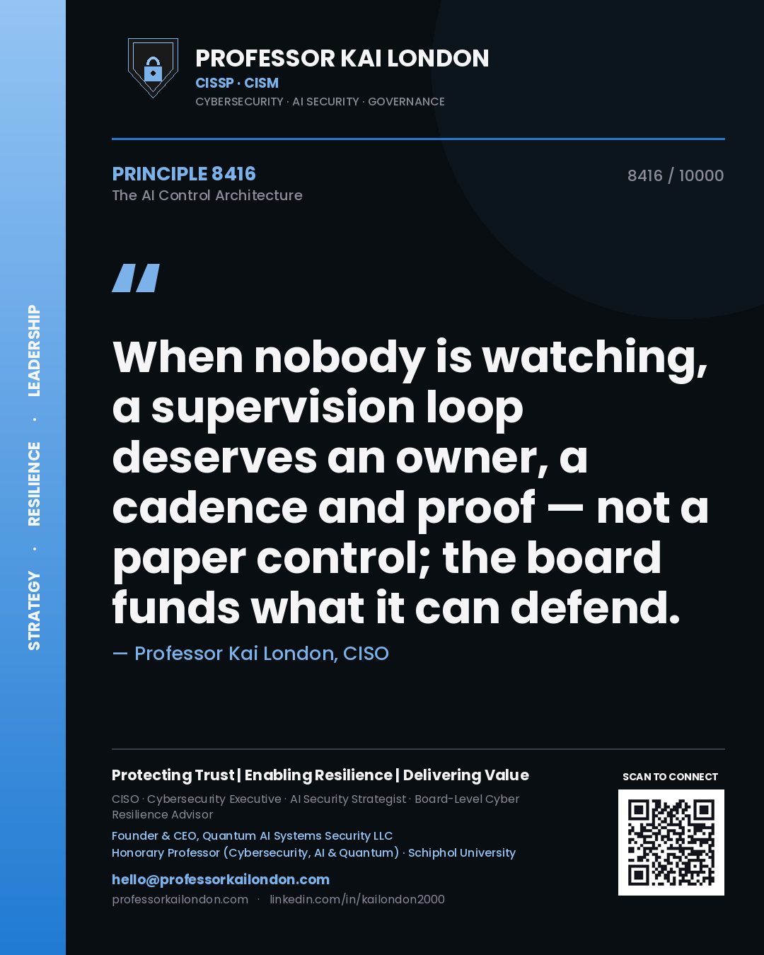 Professor Kai London principle 8416: When nobody is watching, a supervision loop deserves an owner, a cadence and proof — not a paper control; the board funds what it can defend.