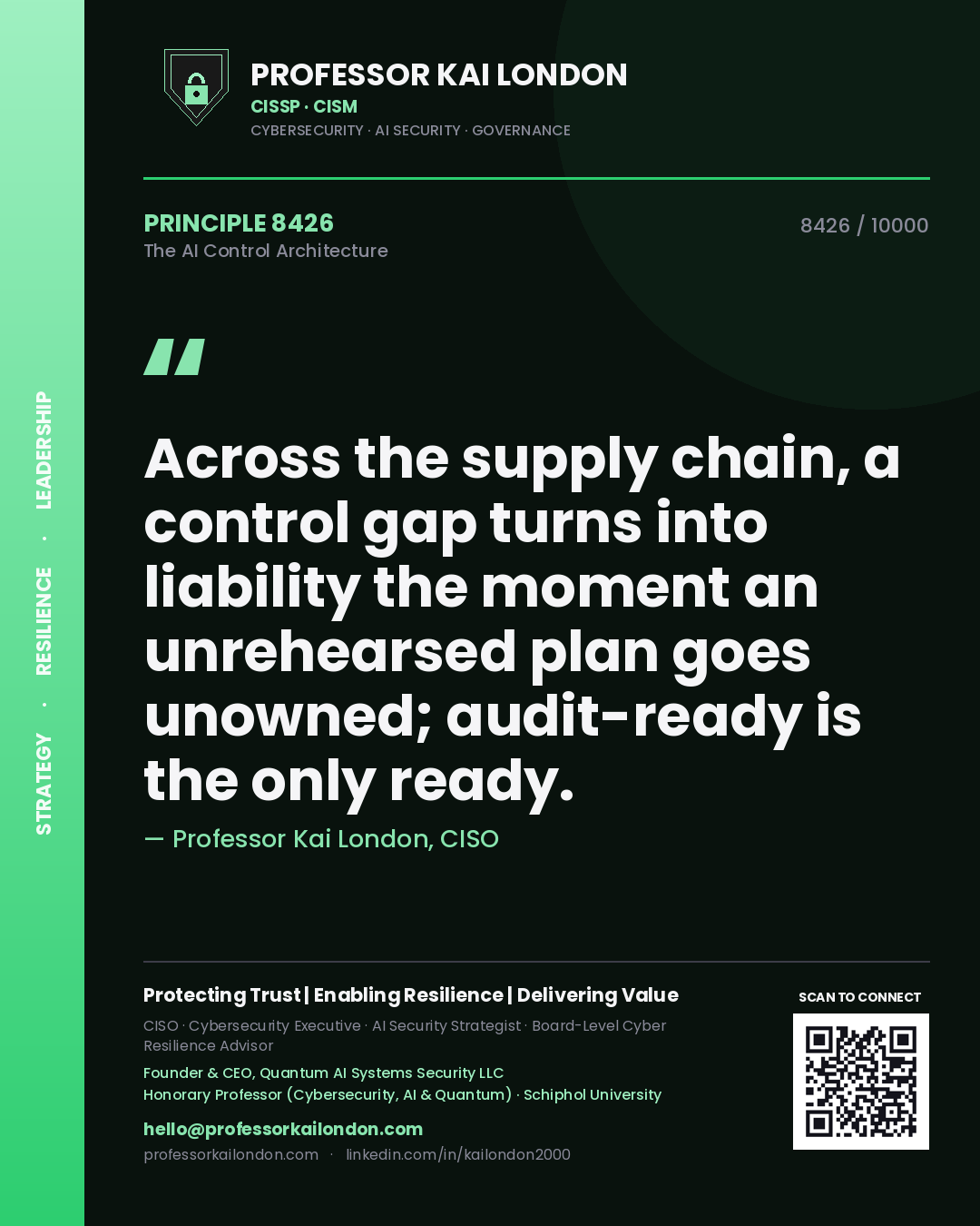 Professor Kai London principle 8426: Across the supply chain, a control gap turns into liability the moment an unrehearsed plan goes unowned; audit-ready is the only ready.