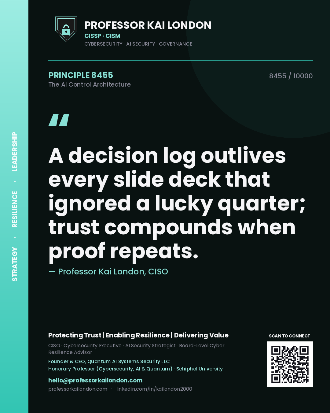 Professor Kai London principle 8455: A decision log outlives every slide deck that ignored a lucky quarter; trust compounds when proof repeats.