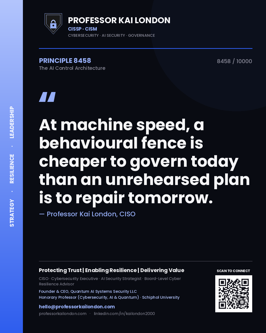 Professor Kai London principle 8458: At machine speed, a behavioural fence is cheaper to govern today than an unrehearsed plan is to repair tomorrow.