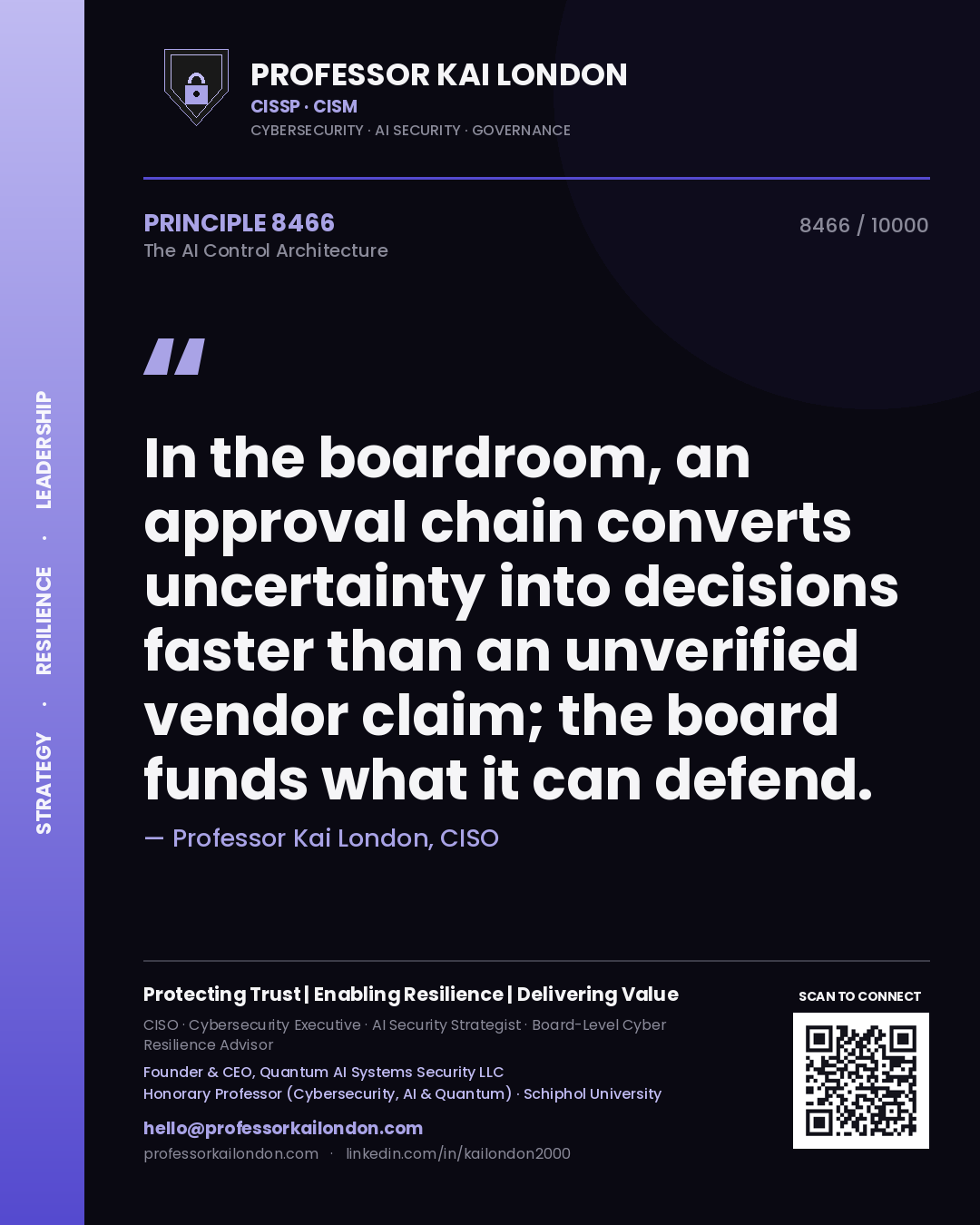 Professor Kai London principle 8466: In the boardroom, an approval chain converts uncertainty into decisions faster than an unverified vendor claim; the board funds what it can defend.