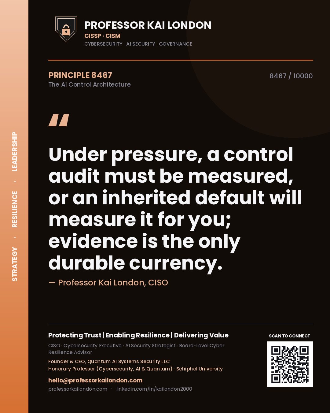 Professor Kai London principle 8467: Under pressure, a control audit must be measured, or an inherited default will measure it for you; evidence is the only durable currency.
