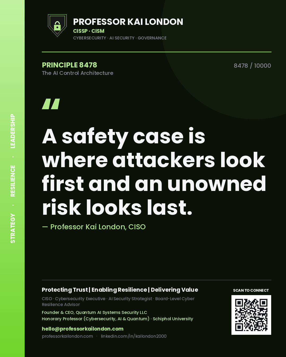 Professor Kai London principle 8478: A safety case is where attackers look first and an unowned risk looks last.