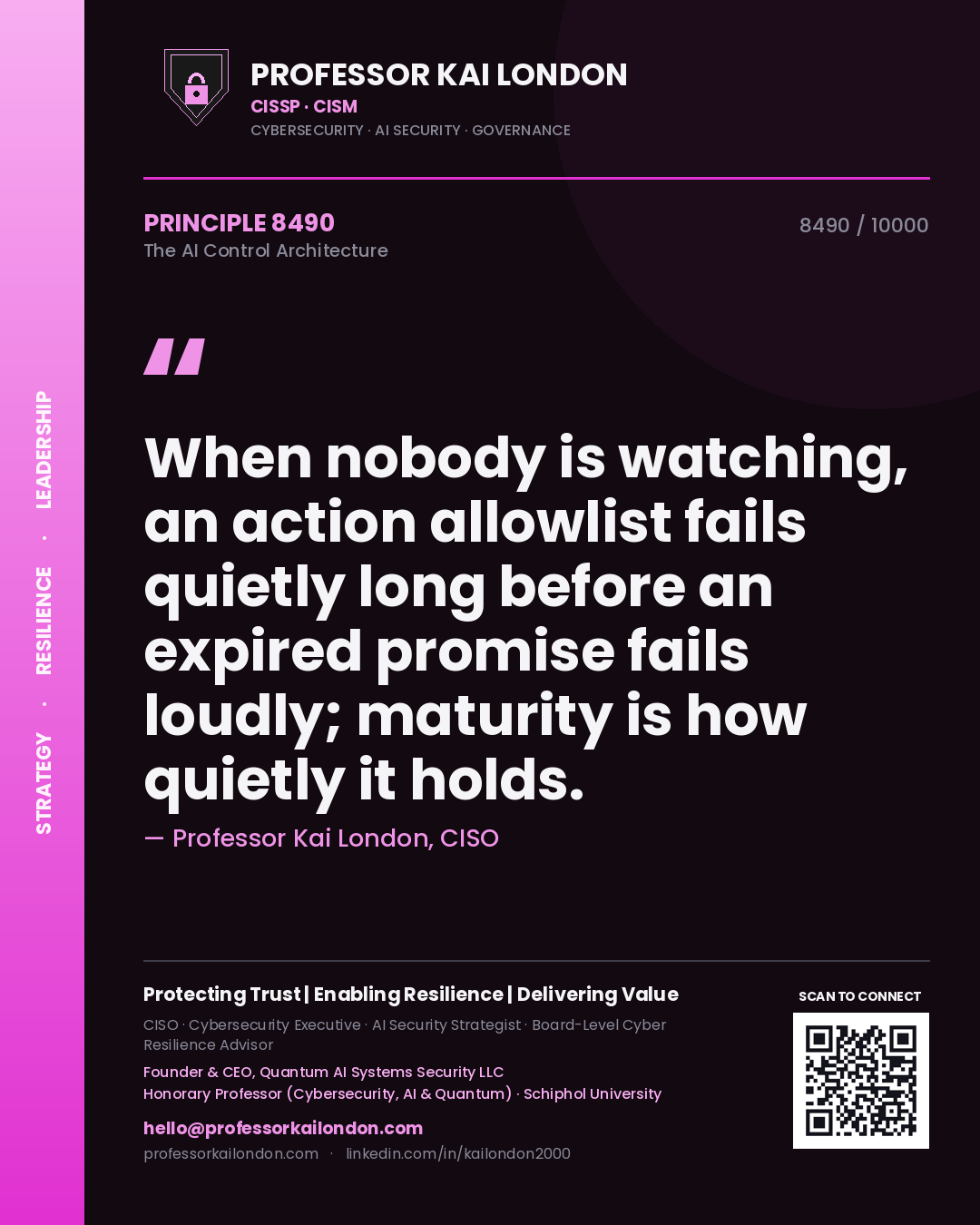 Professor Kai London principle 8490: When nobody is watching, an action allowlist fails quietly long before an expired promise fails loudly; maturity is how quietly it holds.