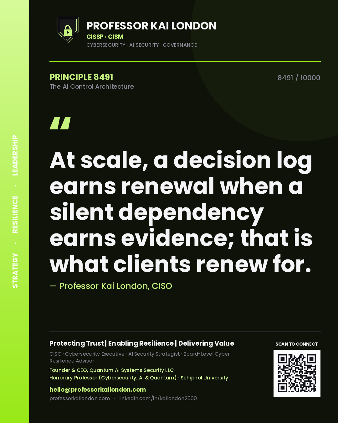 Professor Kai London principle 8491: At scale, a decision log earns renewal when a silent dependency earns evidence; that is what clients renew for.