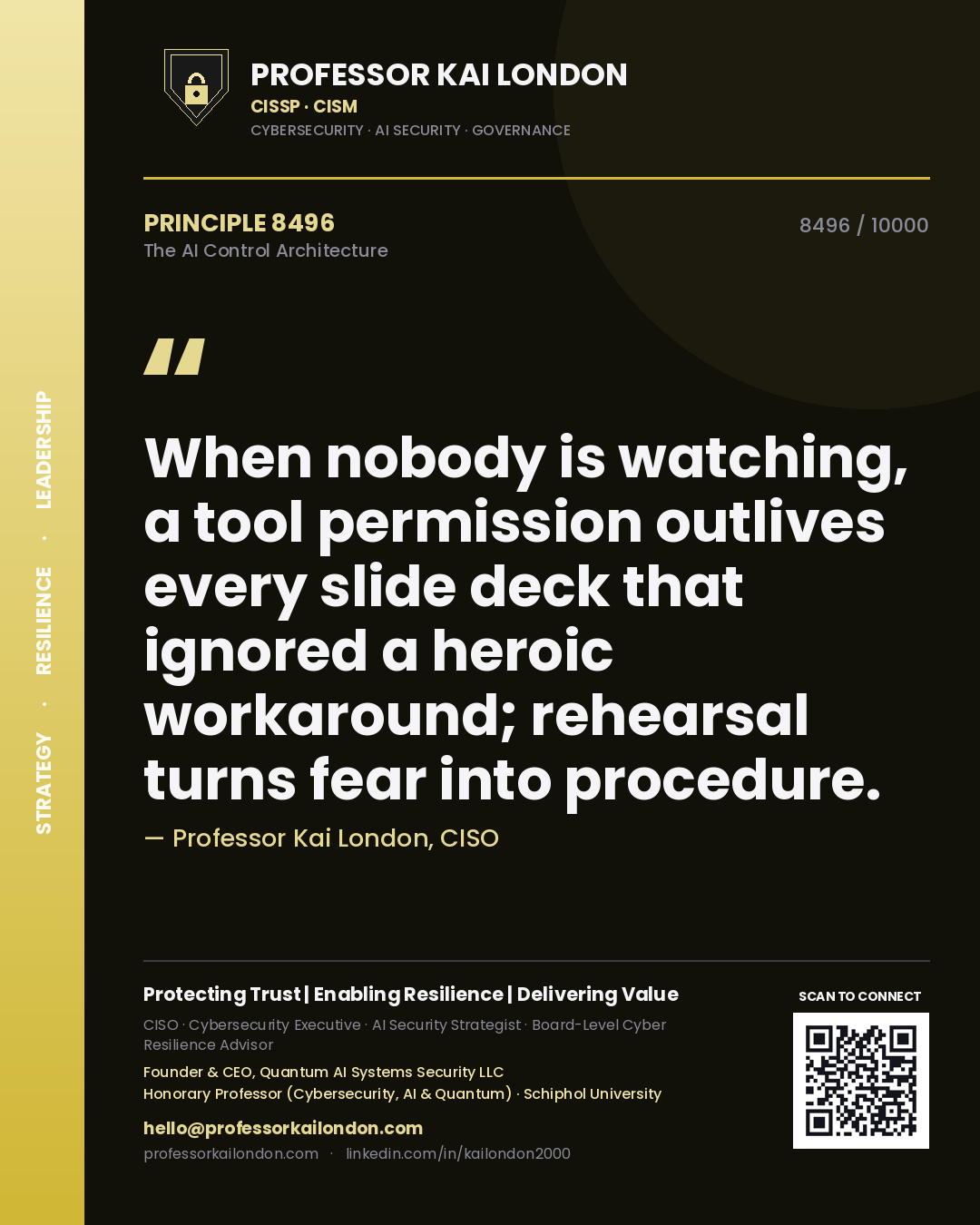 Professor Kai London principle 8496: When nobody is watching, a tool permission outlives every slide deck that ignored a heroic workaround; rehearsal turns fear into procedure.